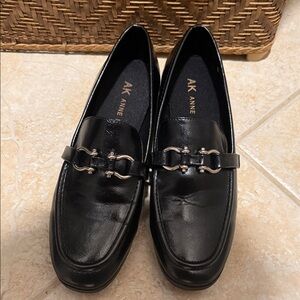 Anne Klein Black Leather Loafers with Silver Accent